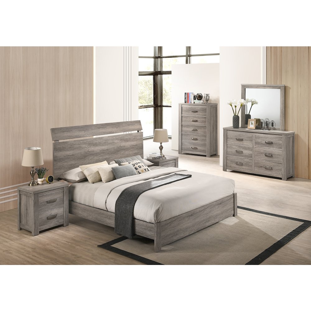 Weathered Gray Wood Bedroom Set, Queen Bed, Dresser, Mirror,2 Nightstands, Chest