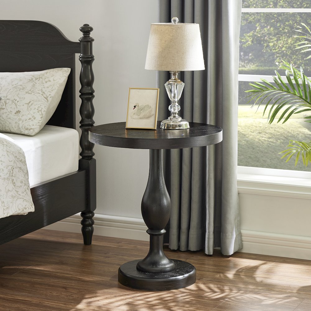 Solmere 22" Round Wood Pedestal End Table, Black
