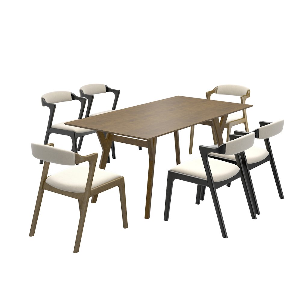Lavin Modern 7-Piece Dining Set, Dining Table with 2 Walnut and 4 Black Chairs
