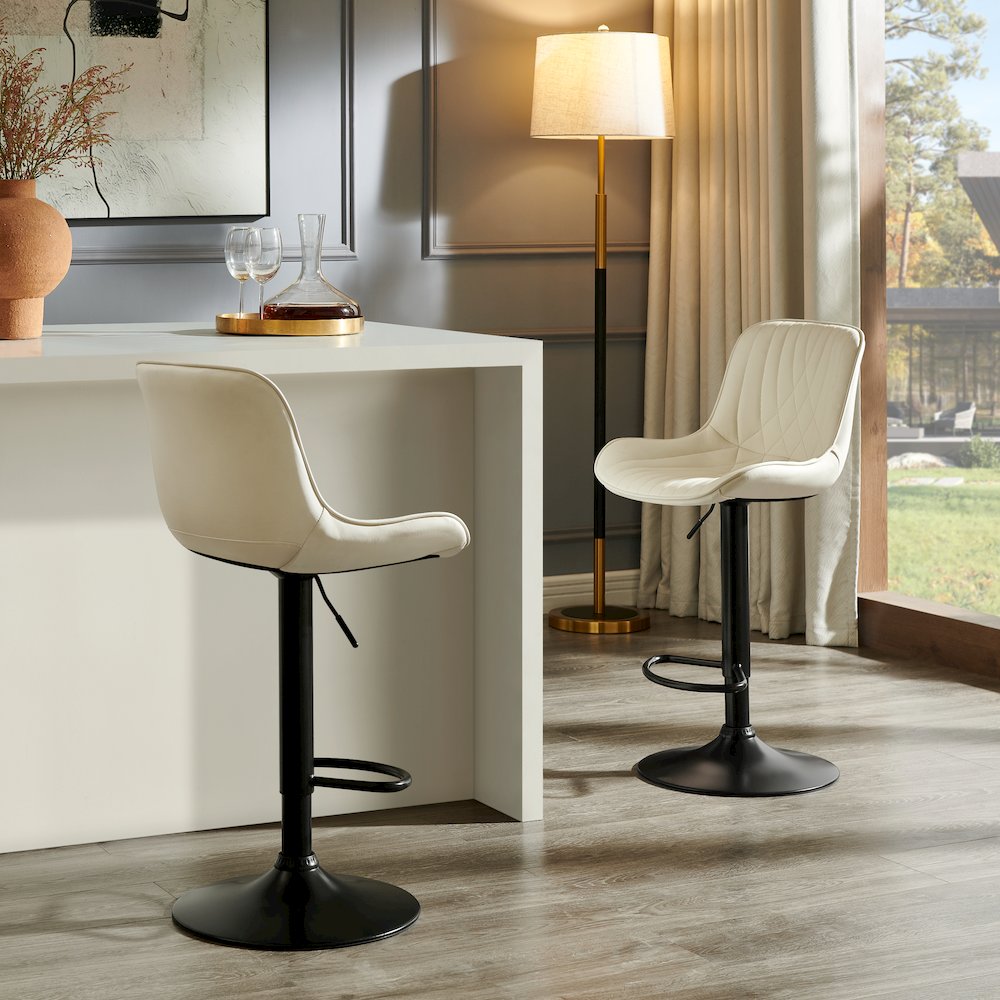 Kovyn Contemporary Adjustable Barstool with Faux Leather Swivel Seats, Set of 2