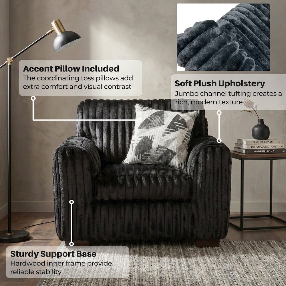 Nolan 3-Piece Living Room Set, Sofa Loveseat and Chair, Lush Black
