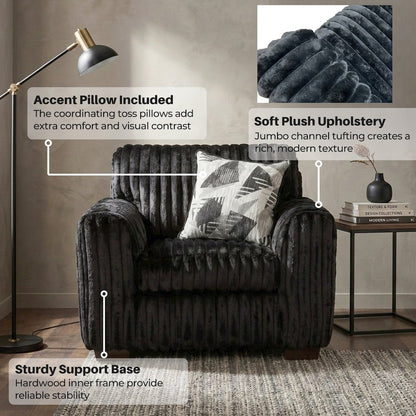 Nolan 3-Piece Living Room Set, Sofa Loveseat and Chair, Lush Black