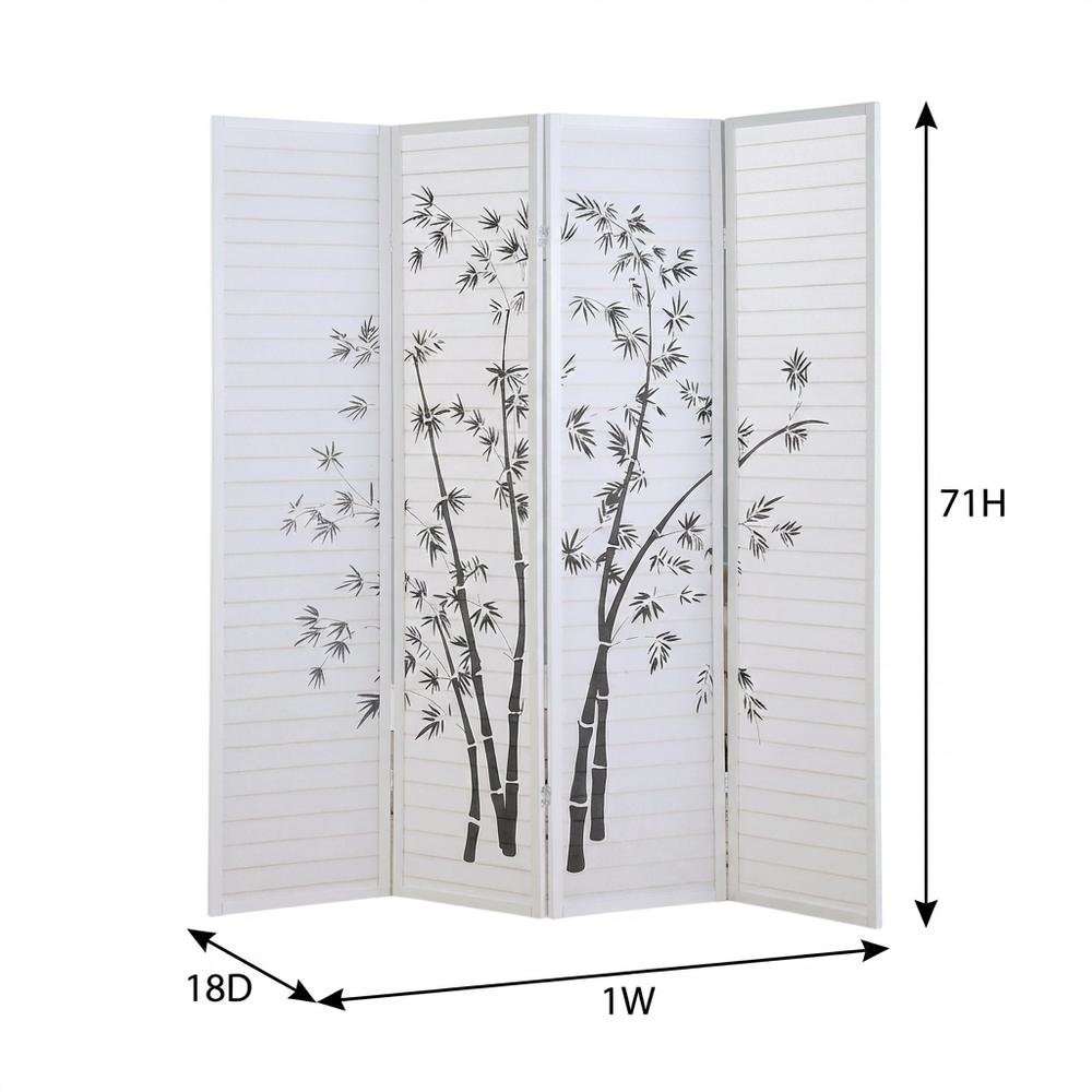 White 4-Panel Wood Folding Room Divider, Bamboo Print Rice Paper, 71 Inch