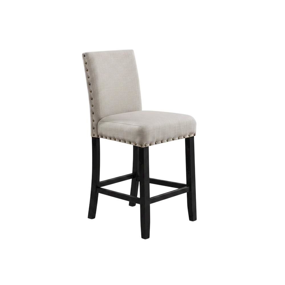 Tan fabric counter height stools with nailhead trim, set of 2