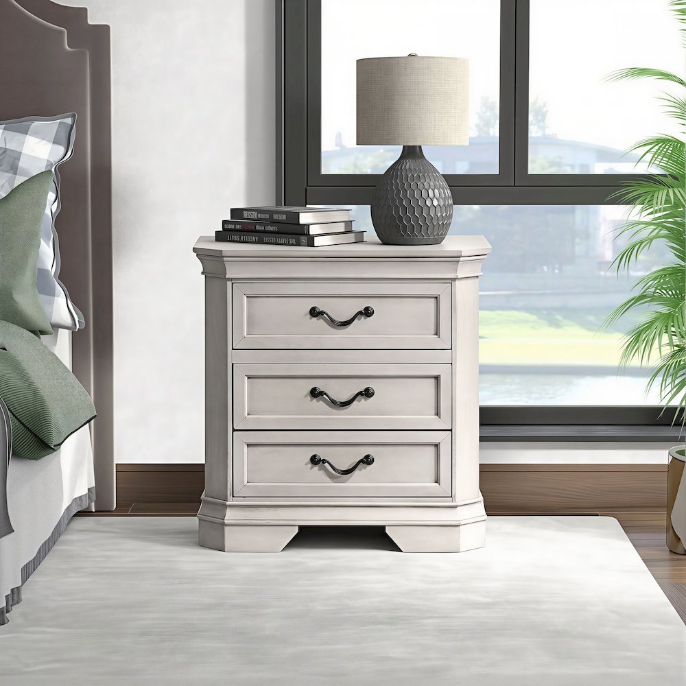 Maderne Wood 3-Drawer Nightstand, Antique White Finish