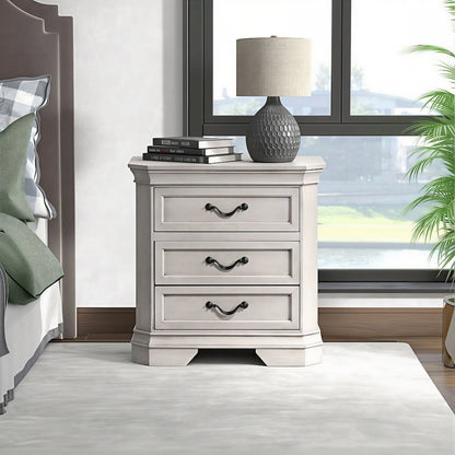 Maderne Wood 3-Drawer Nightstand, Antique White Finish
