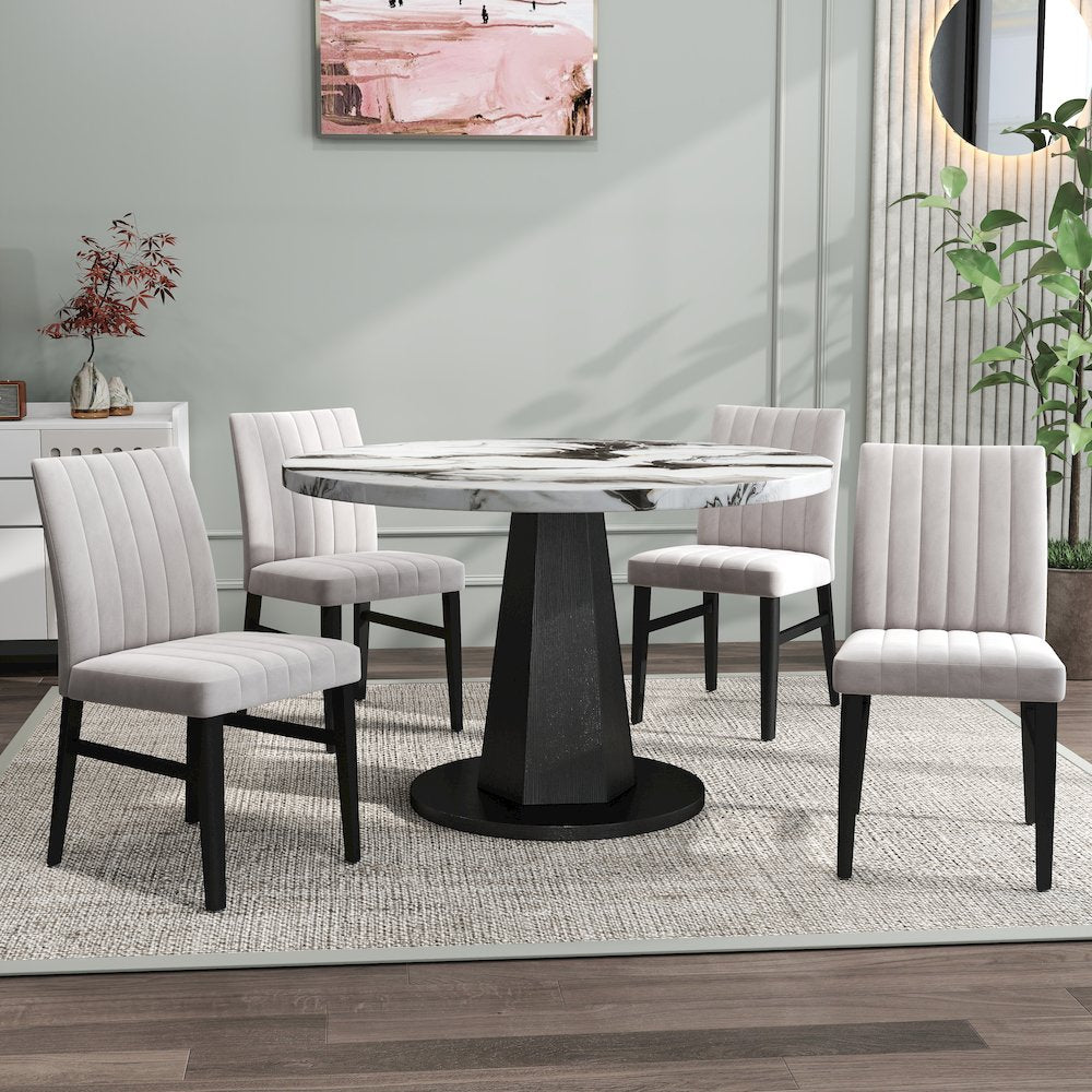 5-Piece Dining Set, Off-White Faux Marble Dining Table with Four Chairs, Tan