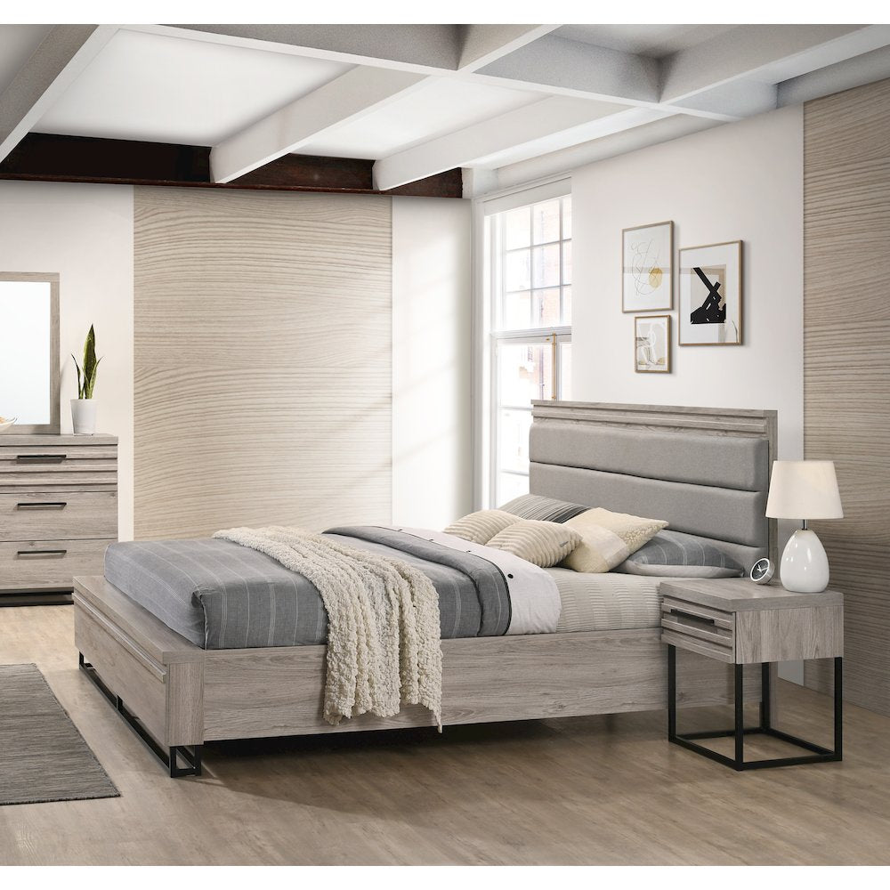 3-Piece Bedroom Set, King Size Panel Bed and Two Nightstands, Weathered Gray