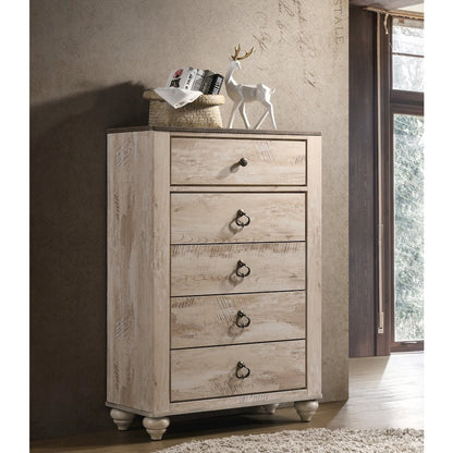 White Wash Finish Bedroom Set, King Bed, Dresser, Mirror, 2 Nightstands, Chest
