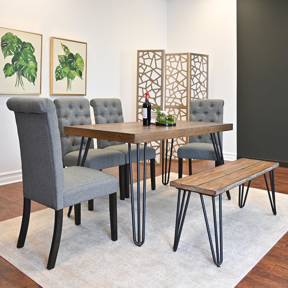 Ashford 6-Pc Dining Set, Hairpin Dining Table with 4 Chairs and Bench, Gray