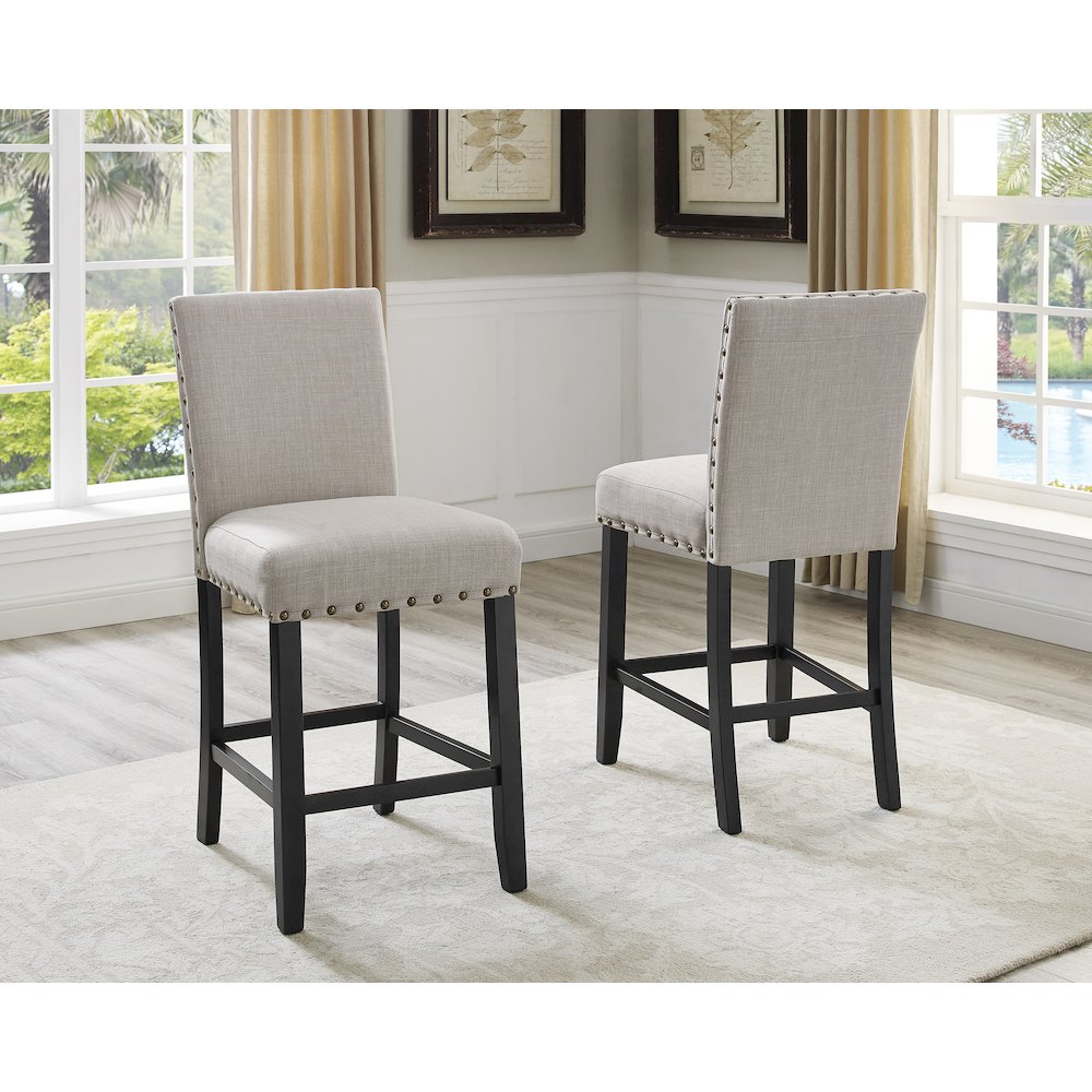 Biony Espresso Wood Counter Height Dining Set with Tan Fabric Nailhead Stools