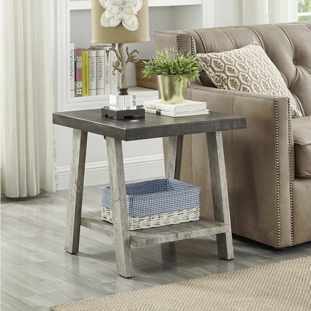 Athens Contemporary 3Pc Wood Shelf Coffee Table Set in Weathered Walnut and Gray