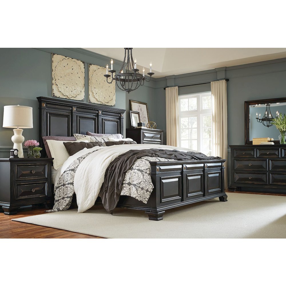 Vintage Black Wood Bedroom Set, King Bed, Dresser, Mirror, 2 Nightstands, Chest