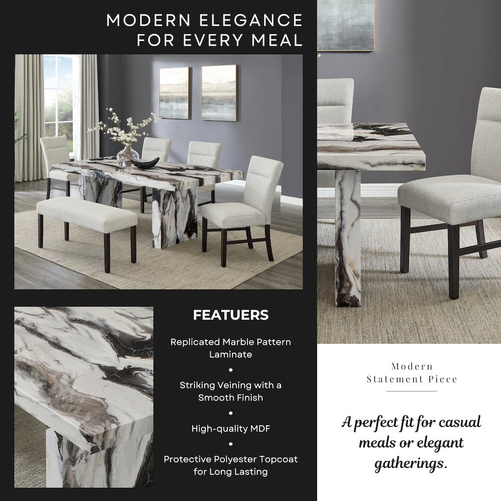 Cavira Modern Faux Marble Dining Table with 4 Chairs and Bench
