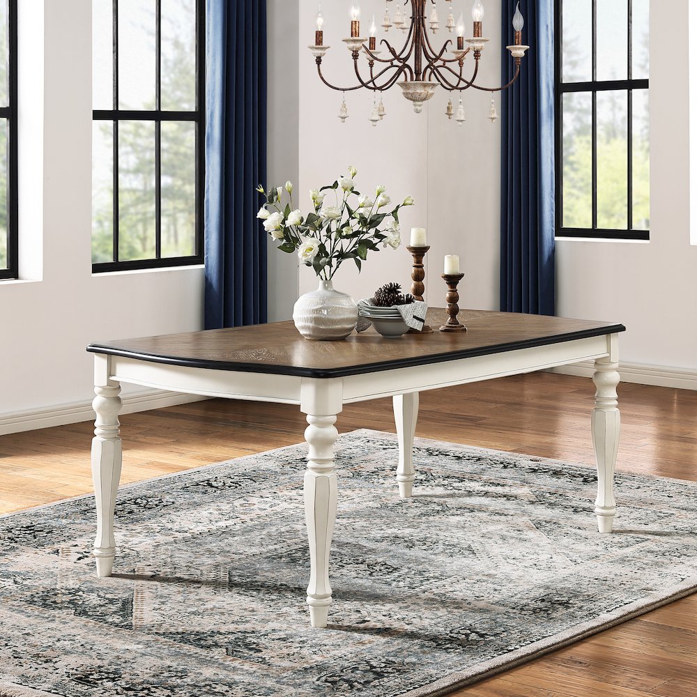 Belleza French Country Dining Table, Antique White and Weathered Oak Finish