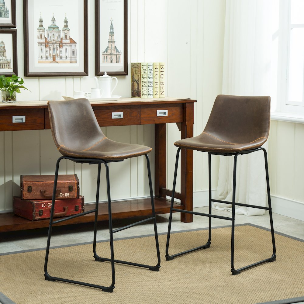Lotusville Vintage PU Leather Barstools, Antique Brown, Set of 2