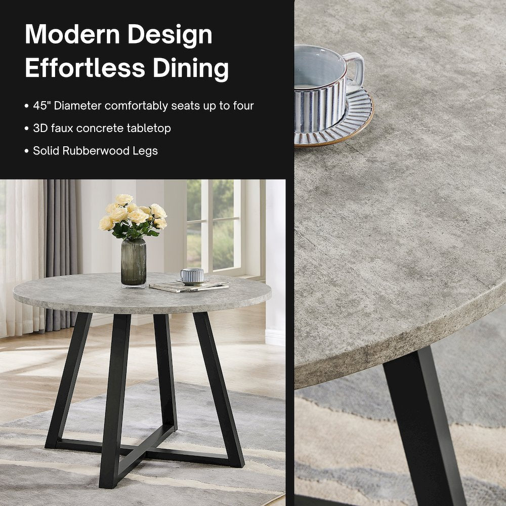 Endo Contemporary Round Dining Table, Trestle Base, Faux Concrete Gray