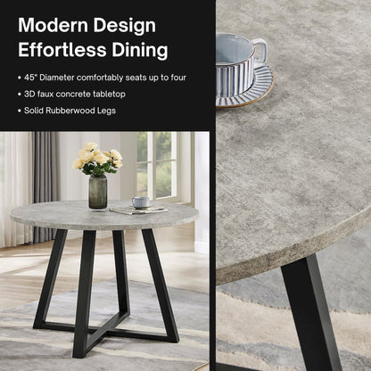 Endo Contemporary Round Dining Table, Trestle Base, Faux Concrete Gray