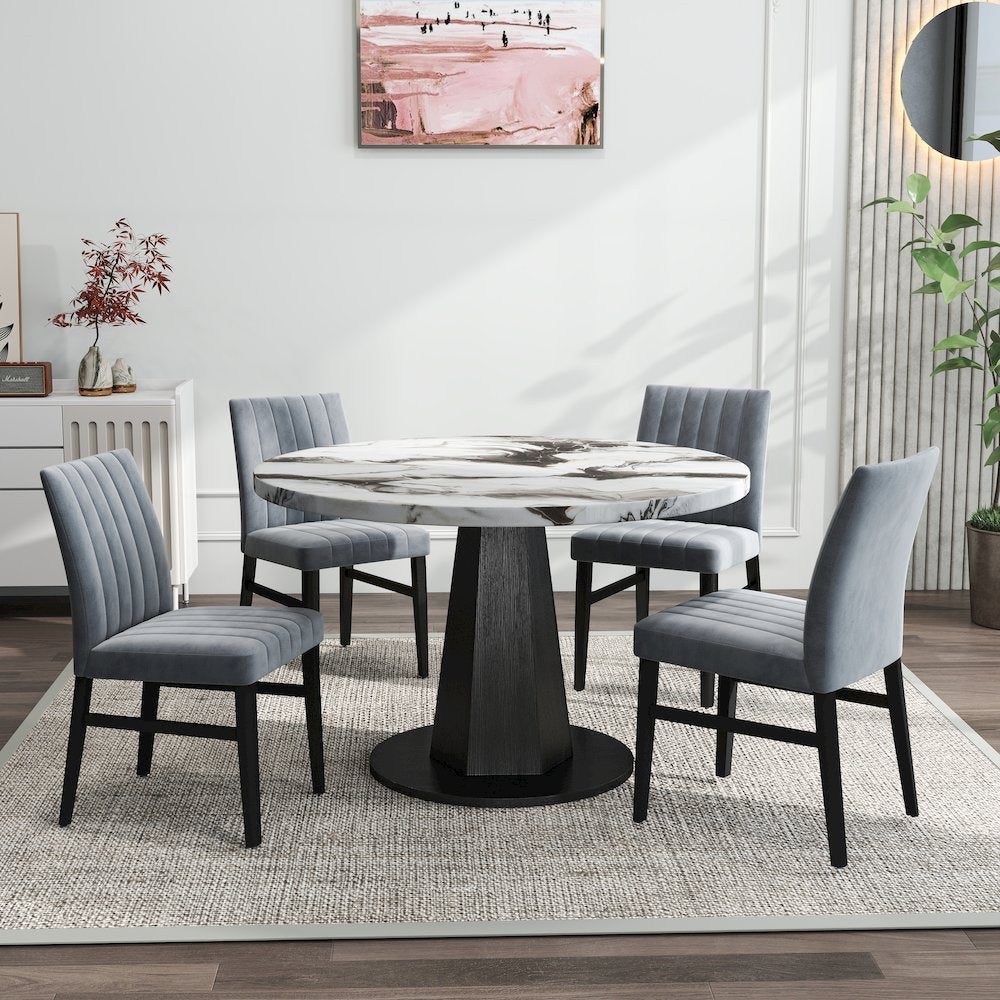 5-Piece Dining Set, Off-White Faux Marble Dining Table with Four Chairs, Gray