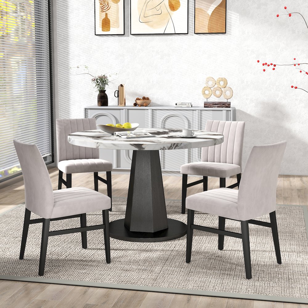 5-Piece Dining Set, Off-White Faux Marble Dining Table with Four Chairs, Tan