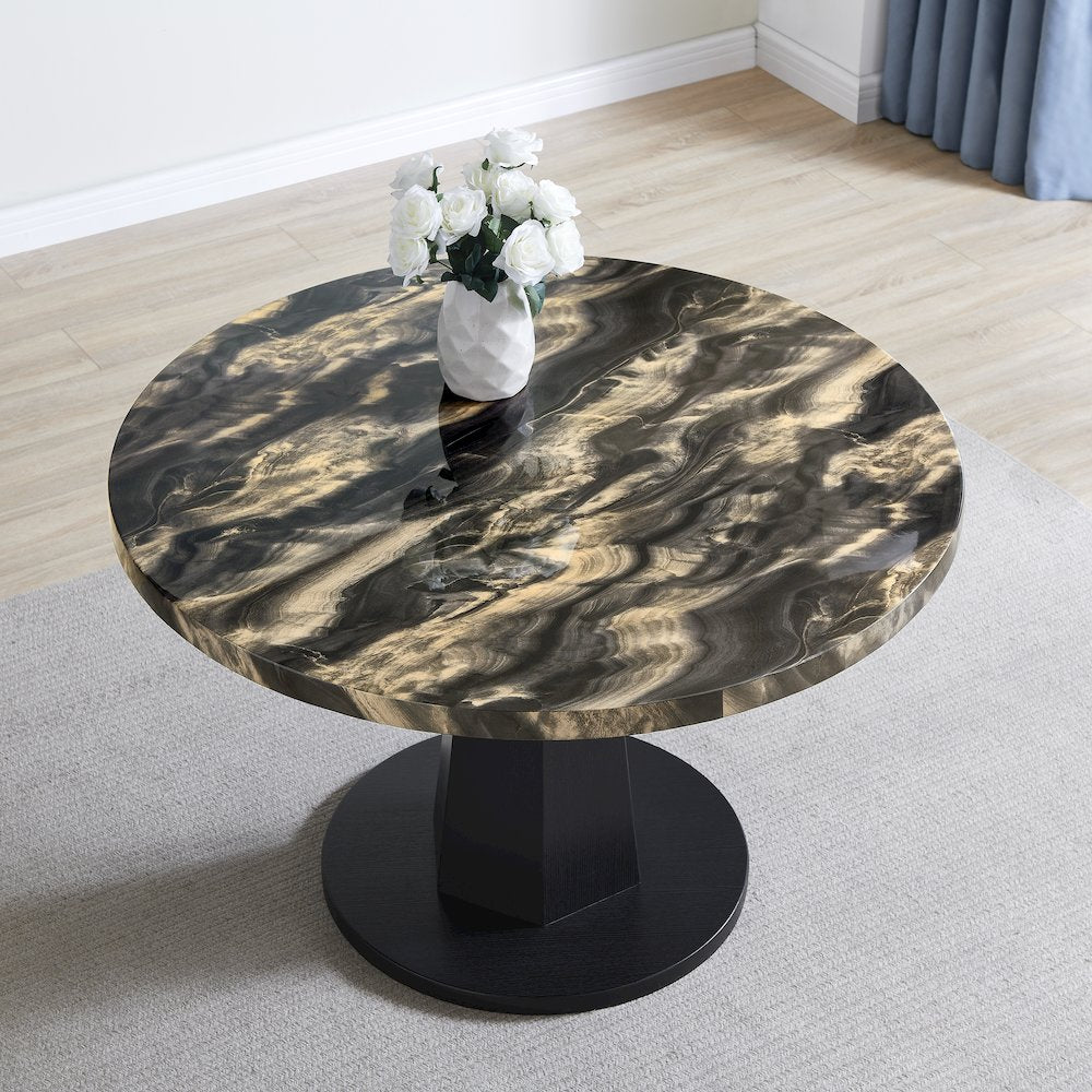 Cavira 5-PC Dining Set, Black and Gold Faux Marble Table with Four Gray Chairs