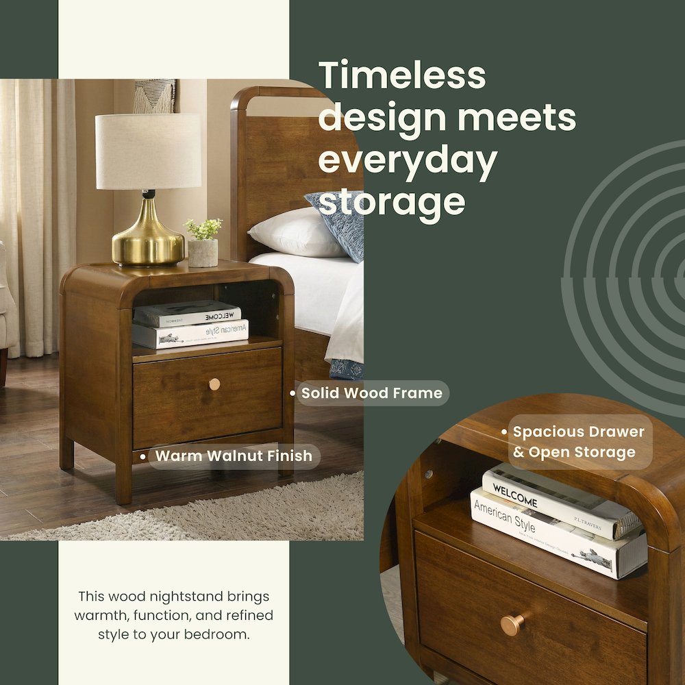 Eldren Wood Bedroom Set, King Platform Bed with Two Nightstands in Walnut Finish