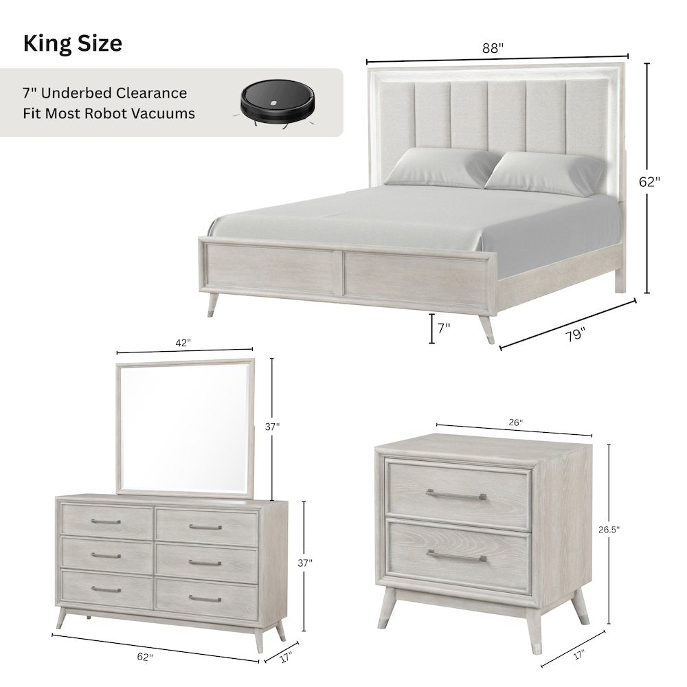 Seluna 4-Piece Bedroom Set with Touch LED Lighting, Gray Oak Finish, King