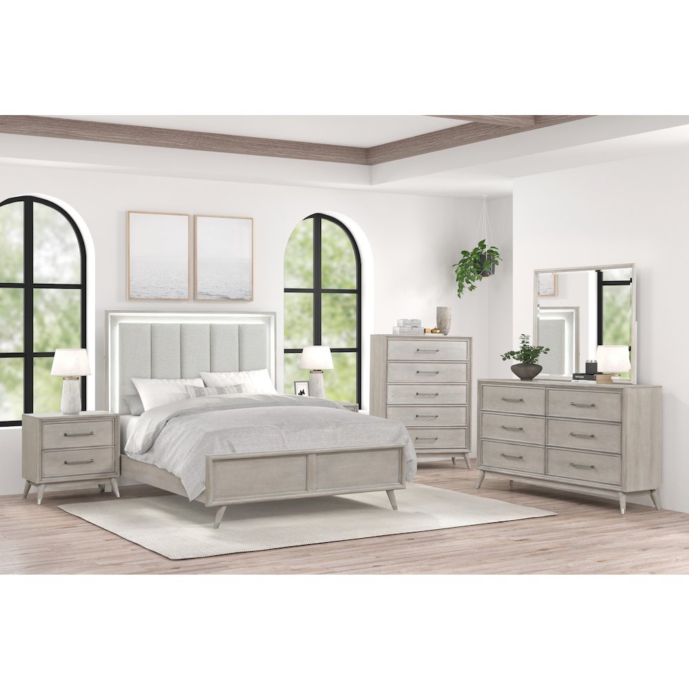 Seluna 6-Piece Bedroom Set with Touch LED Lighting, Gray Oak Finish, Queen