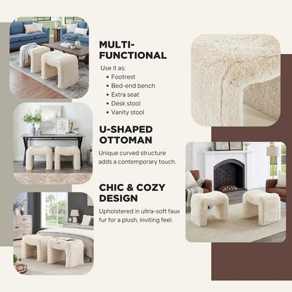 Zorya Contemporary Faux Fur U-Shaped Ottoman, Set of 2