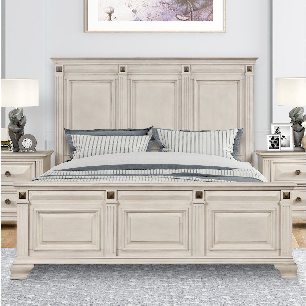 Parchment Wood Bedroom Set, King Bed, Dresser, Mirror, 2 Nightstands, Chest