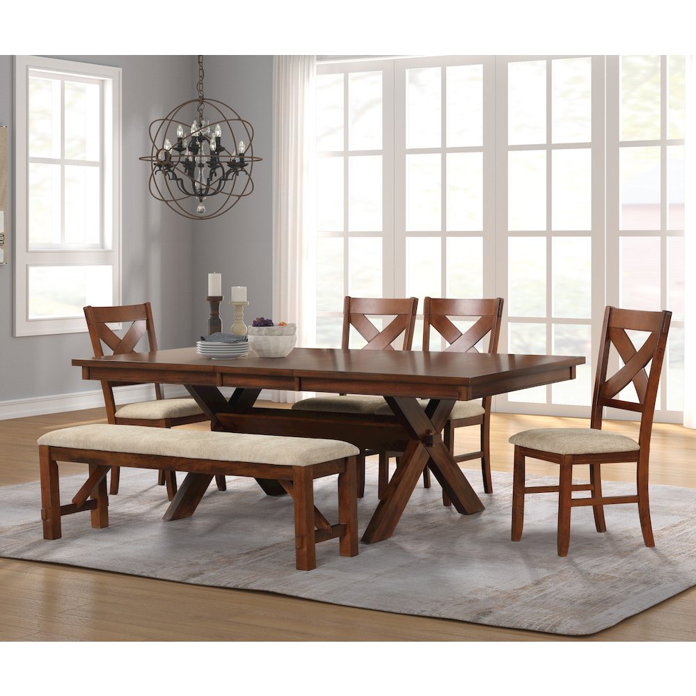 6-Piece Dining Set, Extendable Trestle Dining Table, 4 Chairs, Bench