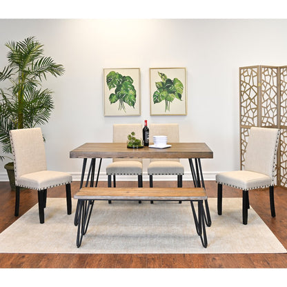Amisos 6-Pc Dining Set, Hairpin Dining Table with 4 Chairs and Wood Bench, Tan