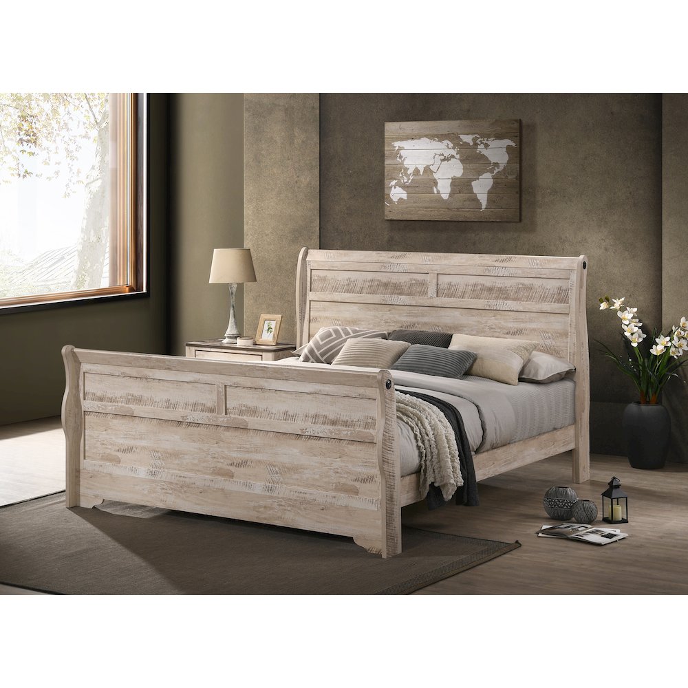 White Wash Finish Bedroom Set: King Bed, Dresser, Mirror, Two Nightstands, Chest
