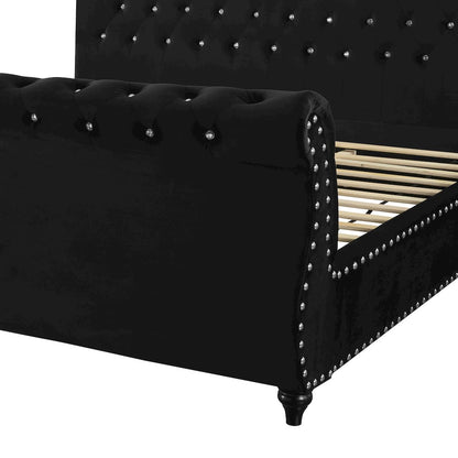 Evora Black Velvet Upholstered Crystal Button Tufted Sleigh Bed, King