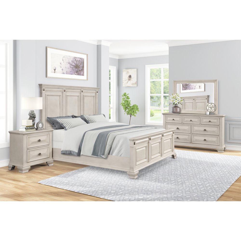 Parchment Wood Bedroom Set, King Bed, Dresser, Mirror, 2 Nightstands, Chest
