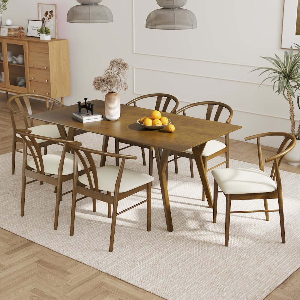 7-Piece Dining Set, Walnut Finished Dining Table with 6 Brown Wishbone Chairs