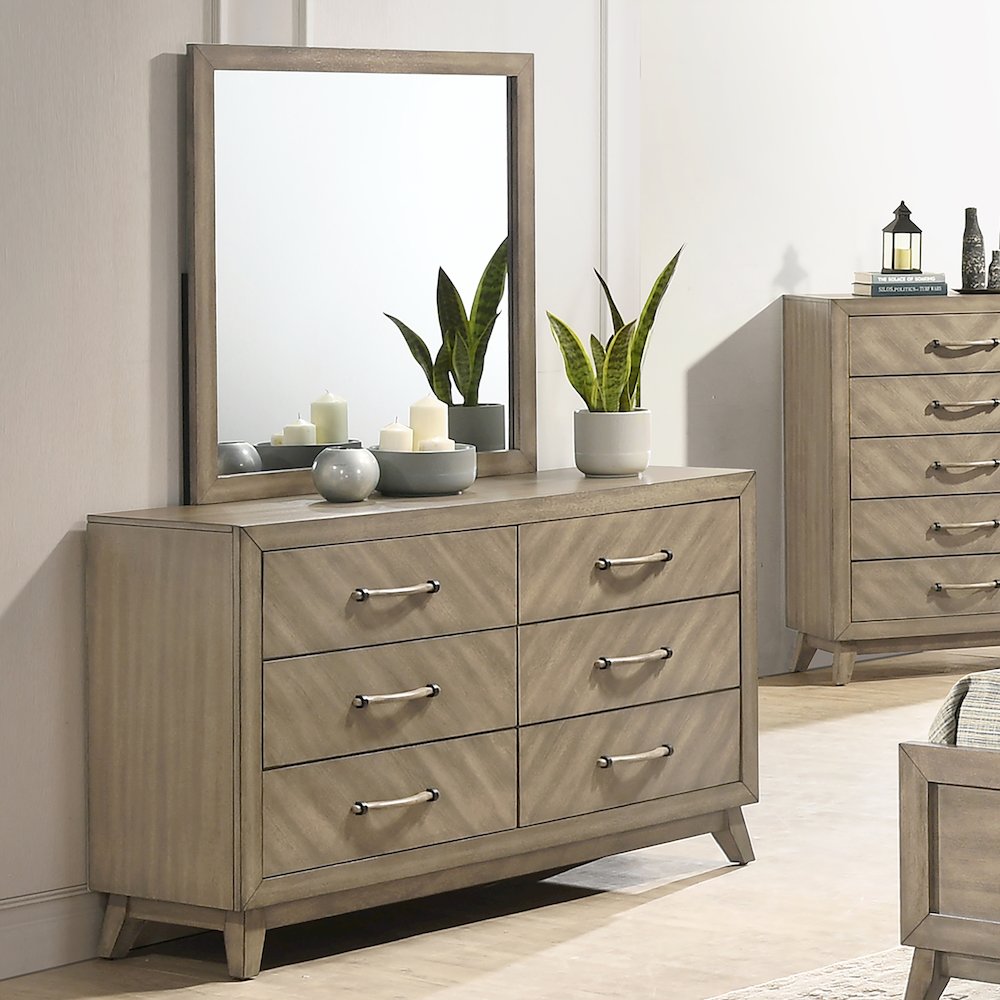 Arena Contemporary 6-Drawer Dresser with Mirror in Weathered Sand