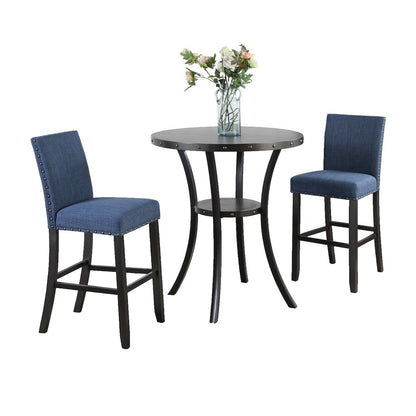 Biony 3-Pc 36" Round Espresso Finish Bar Table with 2 Blue Pub Chairs
