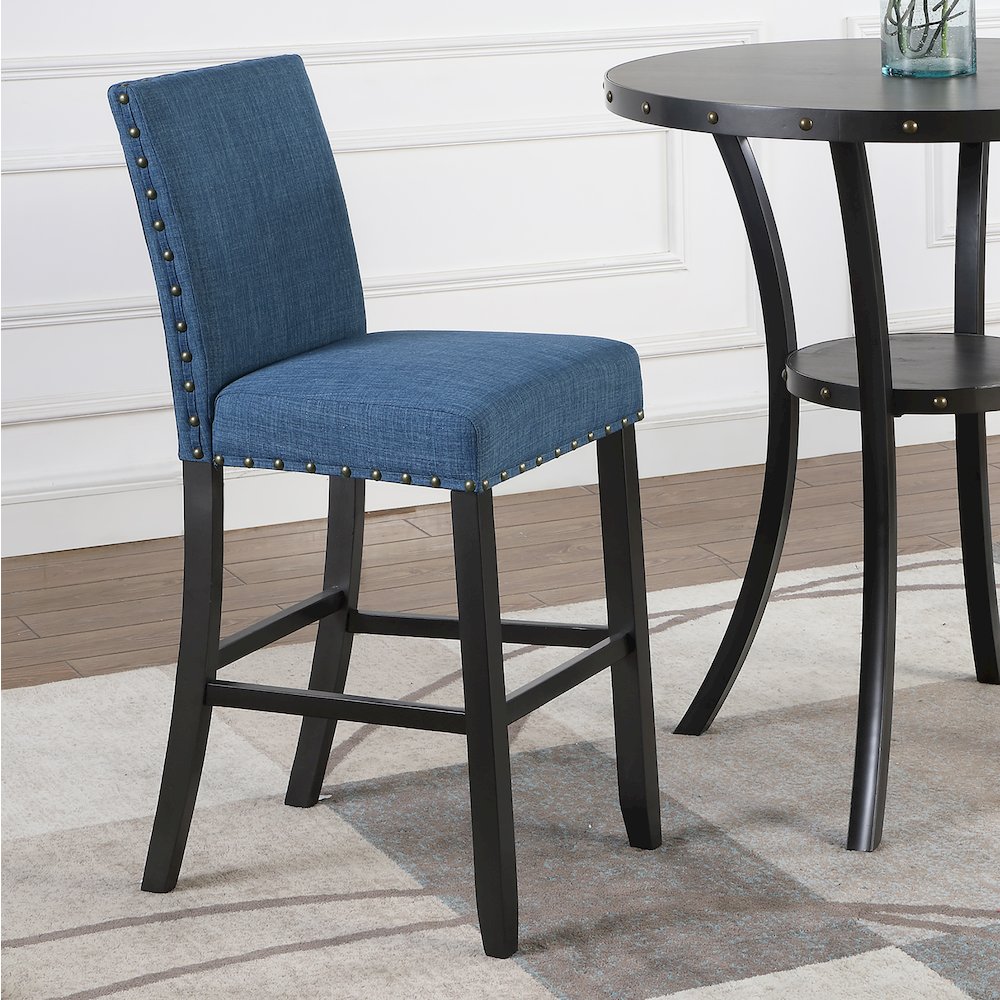 Biony 3-Pc 36" Round Espresso Finish Bar Table with 2 Blue Pub Chairs