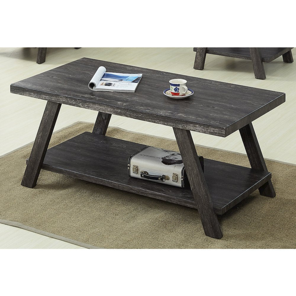 Athens Contemporary Replicated Wood Shelf Coffee Set Table in Charcoal Finish