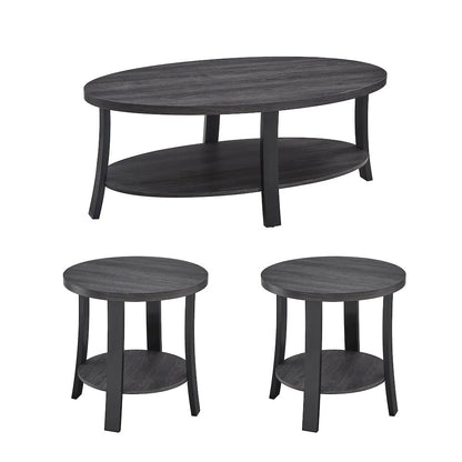 Anze Contemporary Oval Wood Shelf 3-Pc Coffee Table Set in Charcoal Finish