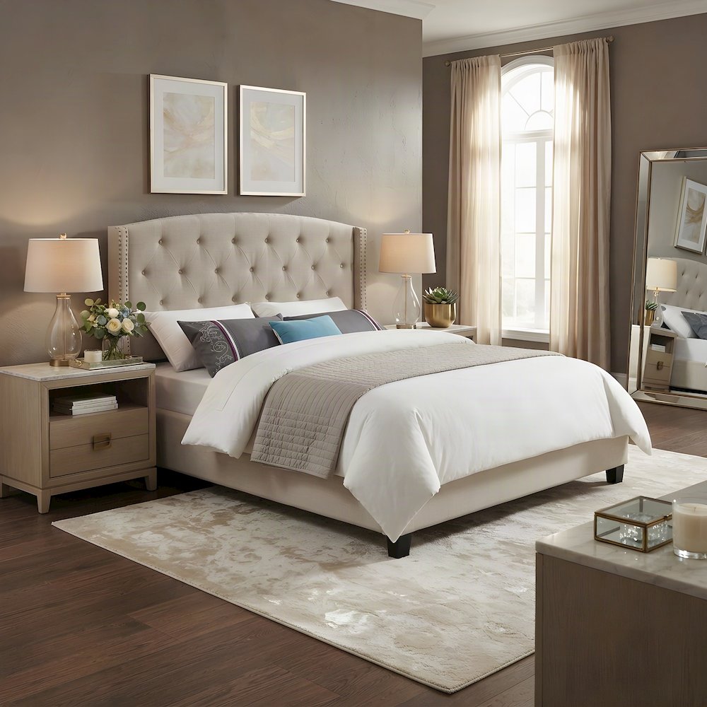 Fabric Upholstered Wingback Panel Bed Frame with Tufted Headboard, Tan, King