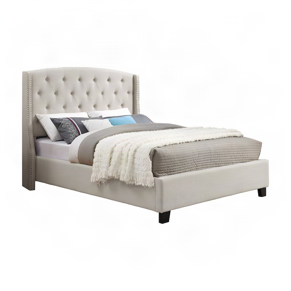 Fabric Upholstered Wingback Panel Bed Frame with Tufted Headboard, Tan, King
