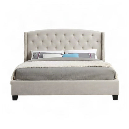 Fabric Upholstered Wingback Panel Bed Frame with Tufted Headboard, Tan, Queen