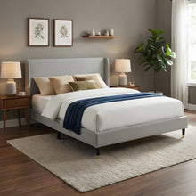 Wingback Fabric Queen Platform Bed Frame with Headboard, Light Gray Fabric