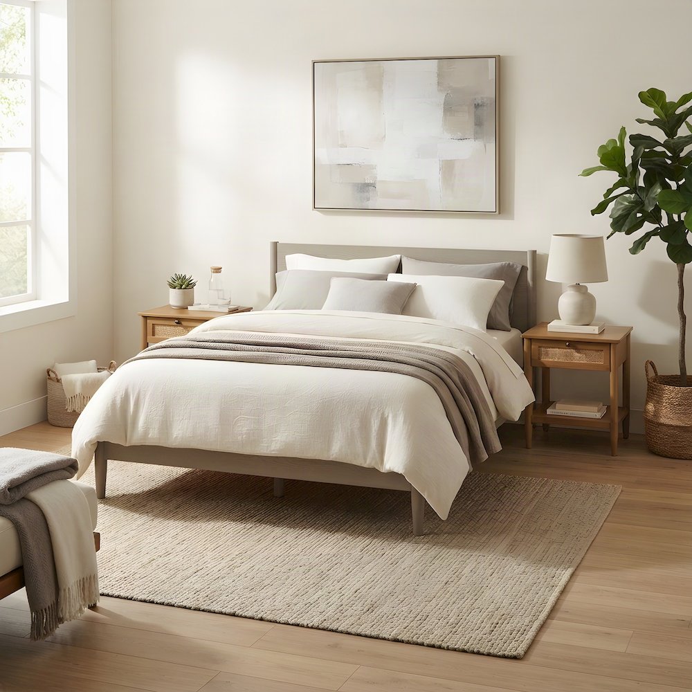 Rubberwood Queen Platform Bed with Nightstands, Bedroom 3 Piece Set, Brown