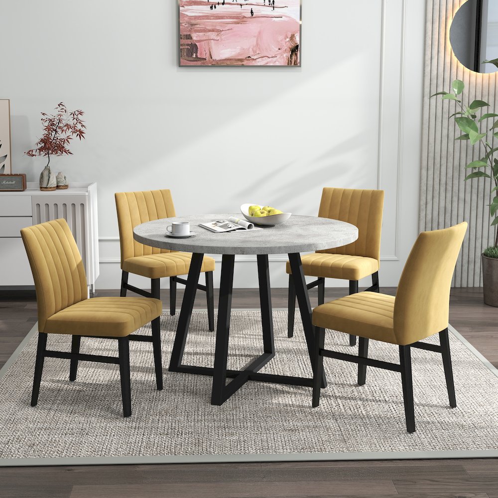 Edo 5-Piece Dining Set, Round Trestle Table and 4 Chairs, Gray and Yellow
