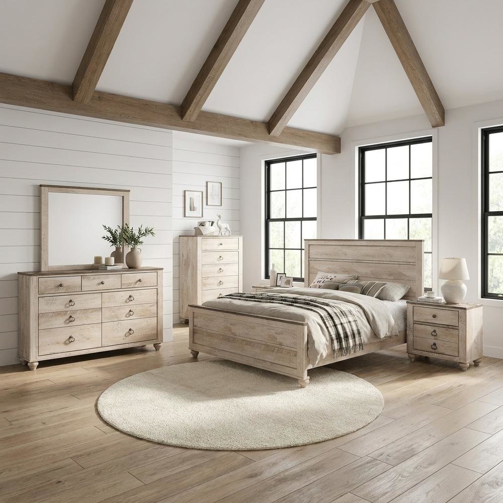 Contemporary Wood Veneer Queen Bedroom Set with Dresser and Nightstand, Grey