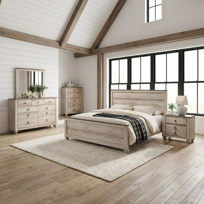 Wood Veneer Queen Bedroom Furniture Set with Dresser, Mirror and Chest, Grey