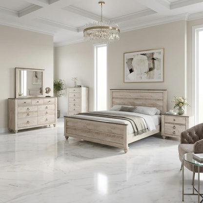 Wood Veneer Queen Bedroom Furniture Set with Dresser, Mirror and Chest, Grey